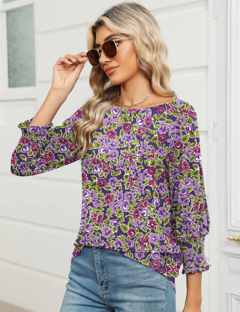 IECCP Women Summer Tops 2026 Trendy Tops for Women 2026 Business Casual Blouses 3/4 Sleeve Petite Top Purple Floral L - Image 4