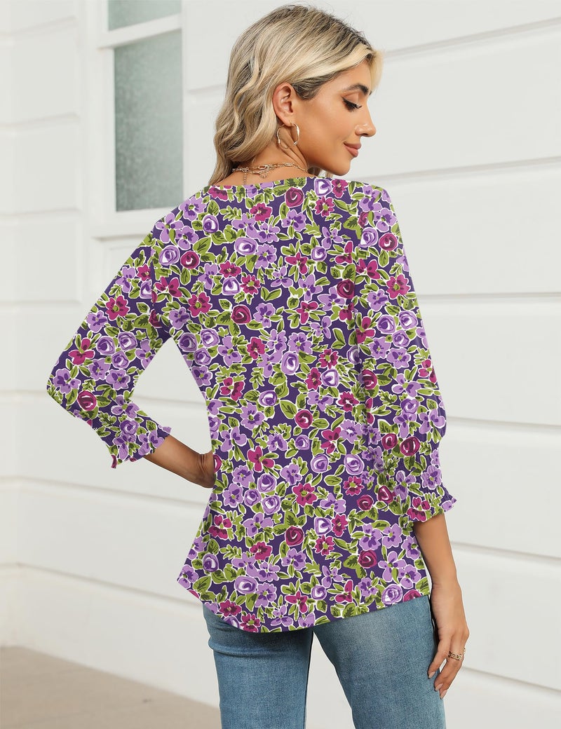 IECCP Women Summer Tops 2026 Trendy Tops for Women 2026 Business Casual Blouses 3/4 Sleeve Petite Top Purple Floral L - Image 5