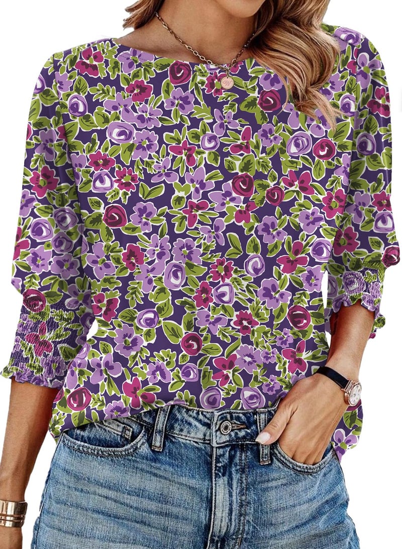 IECCP Women Summer Tops 2026 Trendy Tops for Women 2026 Business Casual Blouses 3/4 Sleeve Petite Top Purple Floral L - Image 1