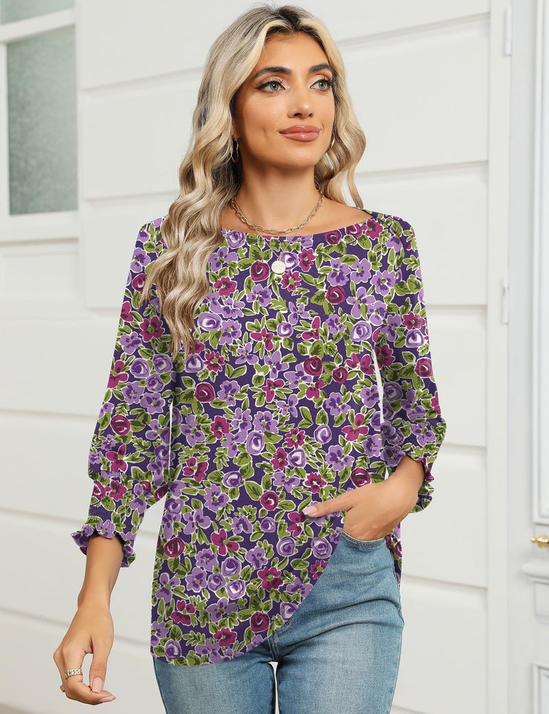 IECCP Women Summer Tops 2026 Trendy Tops for Women 2026 Business Casual Blouses 3/4 Sleeve Petite Top Purple Floral L - Image 3