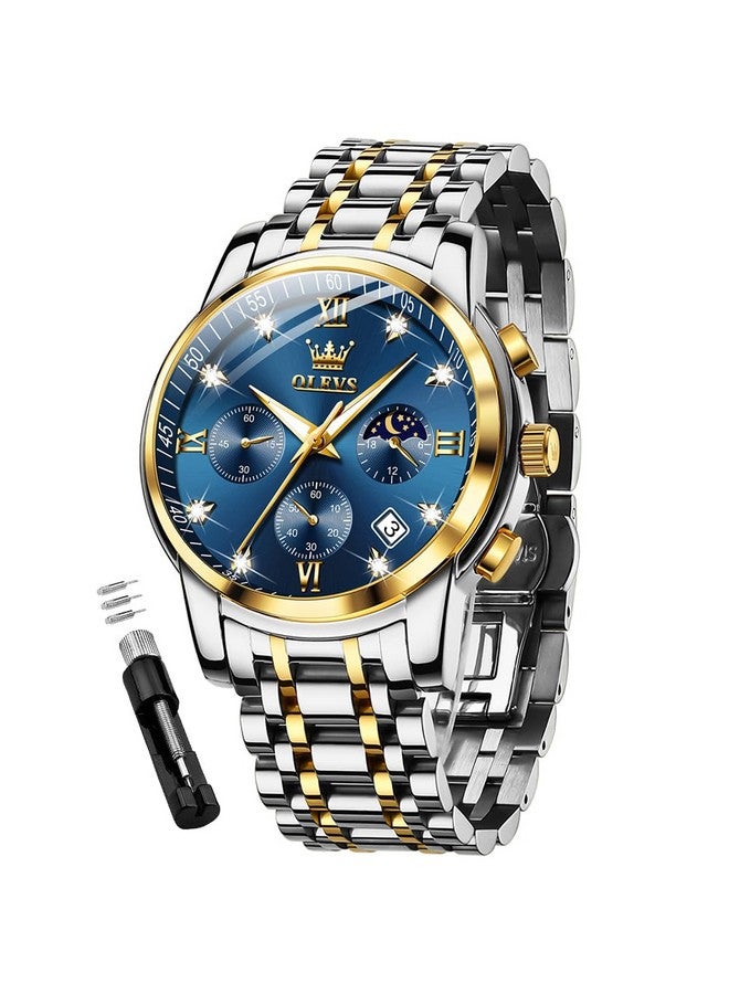 أوليفز ساعة OLEVS للرجال كرونوغراف ألماس أزرق كوارتز تاريخ تقويم طور القمر فاخرة بلونين من الفولاذ المقاوم للصدأ مقاومة للماء مضيئة للأعمال - Image 1