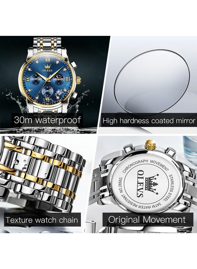 أوليفز ساعة OLEVS للرجال كرونوغراف ألماس أزرق كوارتز تاريخ تقويم طور القمر فاخرة بلونين من الفولاذ المقاوم للصدأ مقاومة للماء مضيئة للأعمال - Image 5