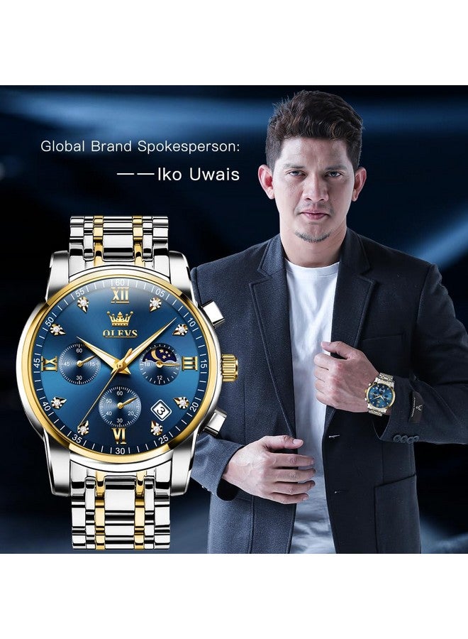 أوليفز ساعة OLEVS للرجال كرونوغراف ألماس أزرق كوارتز تاريخ تقويم طور القمر فاخرة بلونين من الفولاذ المقاوم للصدأ مقاومة للماء مضيئة للأعمال - Image 2