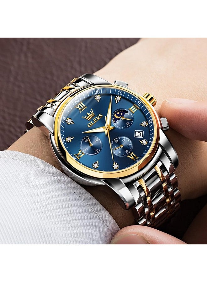 أوليفز ساعة OLEVS للرجال كرونوغراف ألماس أزرق كوارتز تاريخ تقويم طور القمر فاخرة بلونين من الفولاذ المقاوم للصدأ مقاومة للماء مضيئة للأعمال - Image 3