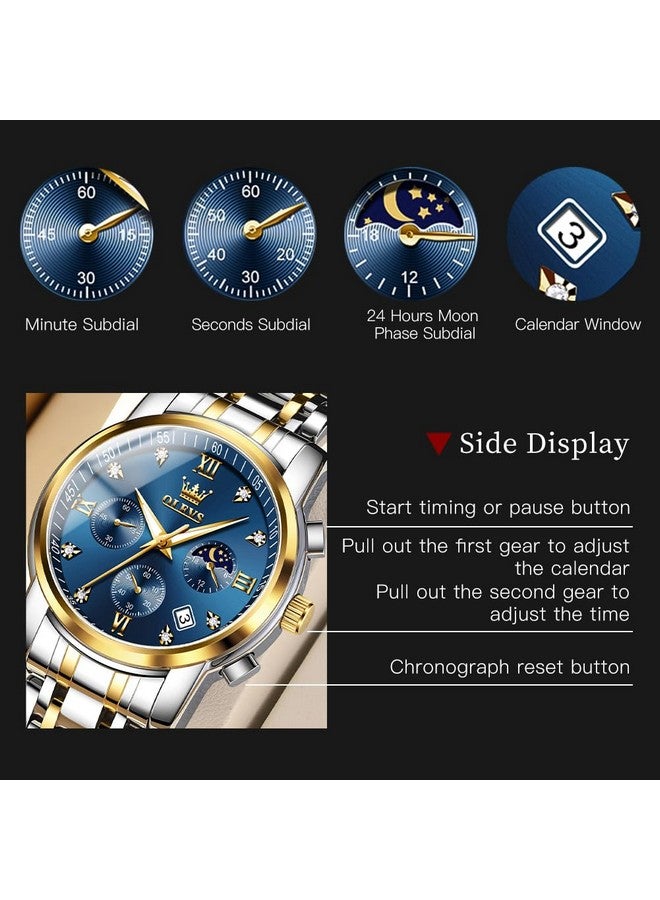 أوليفز ساعة OLEVS للرجال كرونوغراف ألماس أزرق كوارتز تاريخ تقويم طور القمر فاخرة بلونين من الفولاذ المقاوم للصدأ مقاومة للماء مضيئة للأعمال - Image 4