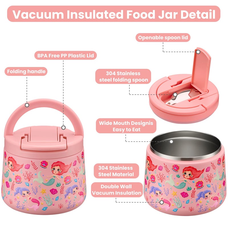 Howeemo 14oz Insulated Vacuum Food Jar with Buckle Lid,Soup Thermo for Hot Food Kids,Wide Mouth Leakproof Stainless Steel Lunch Container with Spoon-Mermaid - Image 2