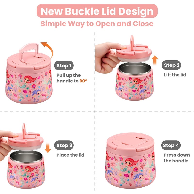 Howeemo 14oz Insulated Vacuum Food Jar with Buckle Lid,Soup Thermo for Hot Food Kids,Wide Mouth Leakproof Stainless Steel Lunch Container with Spoon-Mermaid - Image 4