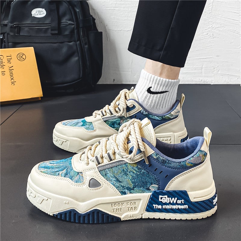 Guochao Mi Forest Oil Painting Canvas Shoes Mens Hong Kong Style Student Sports Denim Shoes Japanese Style Personalized Carved Bottom Shoes Blue