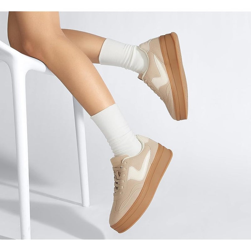 LUCKY STEP Women's Platform Fashion Sneakers Thick Sole Suede Genuine Leather Classic Rubber Gum Sole Low Top Casual Walking Shoes - Image 2