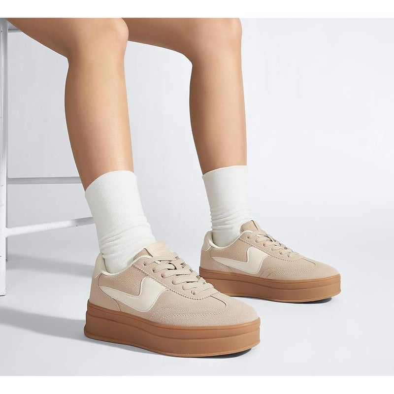 LUCKY STEP Women's Platform Fashion Sneakers Thick Sole Suede Genuine Leather Classic Rubber Gum Sole Low Top Casual Walking Shoes - Image 3