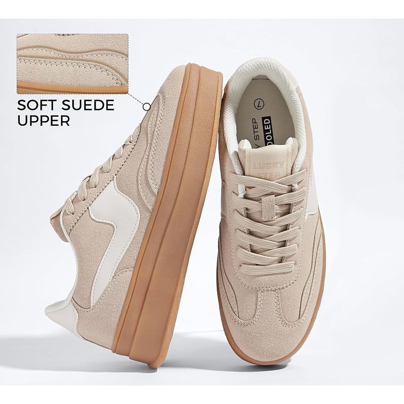 LUCKY STEP Women's Platform Fashion Sneakers Thick Sole Suede Genuine Leather Classic Rubber Gum Sole Low Top Casual Walking Shoes - Image 4