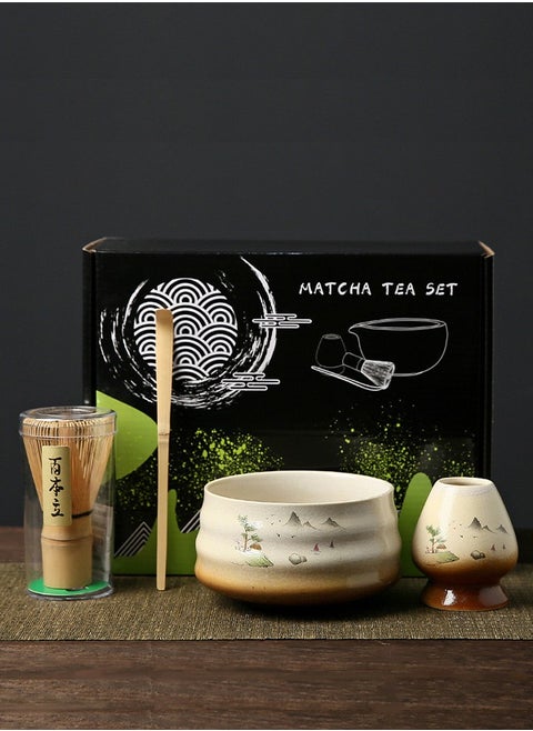 4-Piece Japanese Matcha Set, Ceramic Matcha Bowl+Whisk Holder+Bamboo Whisk+Spoon- 4pc Bamboo Matcha Tools for Matcha Traditional Tea Set