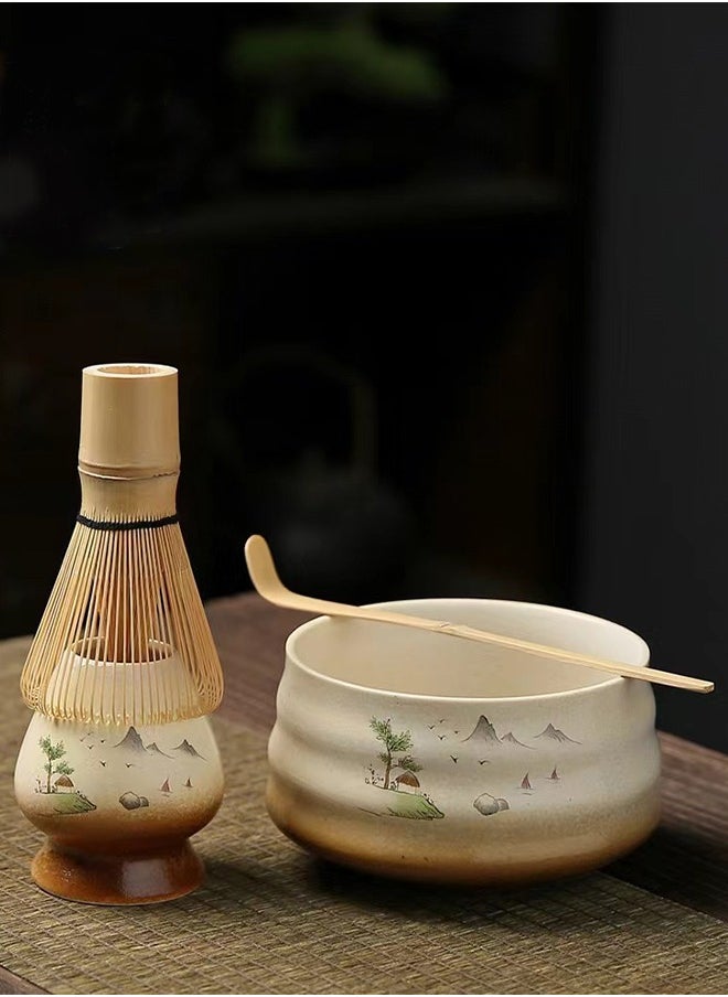 4-Piece Japanese Matcha Set, Ceramic Matcha Bowl+Whisk Holder+Bamboo Whisk+Spoon- 4pc Bamboo Matcha Tools for Matcha Traditional Tea Set