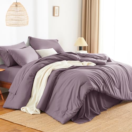 HIMEET Queen Size Comforter Sets - 7 Pieces Bed in a Bag Queen, Luxury Comforter Set with Sheets for All Season, Bed Set with Comforter, Flat Sheet, Fitted Sheet, Pillowcases & Shams, Dusty Purple - Image 3