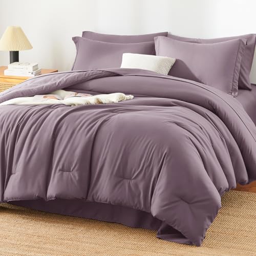 HIMEET Queen Size Comforter Sets - 7 Pieces Bed in a Bag Queen, Luxury Comforter Set with Sheets for All Season, Bed Set with Comforter, Flat Sheet, Fitted Sheet, Pillowcases & Shams, Dusty Purple - Image 1