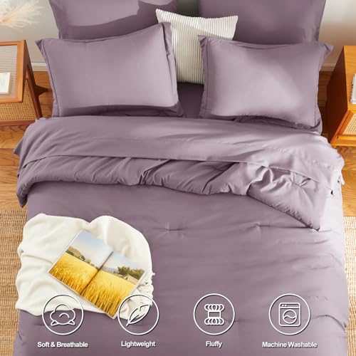 HIMEET Queen Size Comforter Sets - 7 Pieces Bed in a Bag Queen, Luxury Comforter Set with Sheets for All Season, Bed Set with Comforter, Flat Sheet, Fitted Sheet, Pillowcases & Shams, Dusty Purple - Image 2