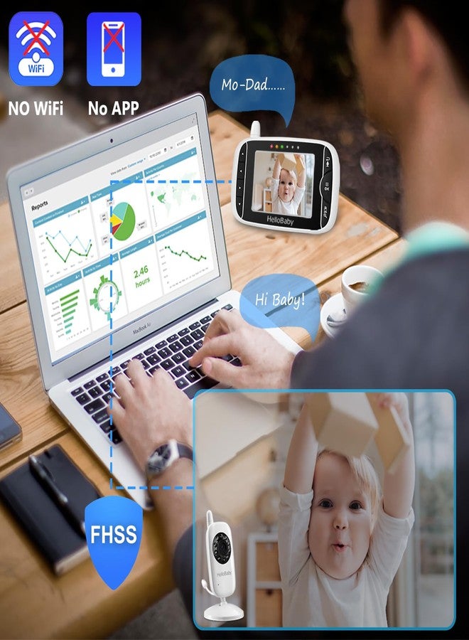 Hellobaby Video Baby Monitor with Camera and Audio, 3.2Inch LCD Display, Infrared Night Vision, Two-Way Audio and Room Temperature Monitoring,Lullaby,Sound Activated Screen - Image 3