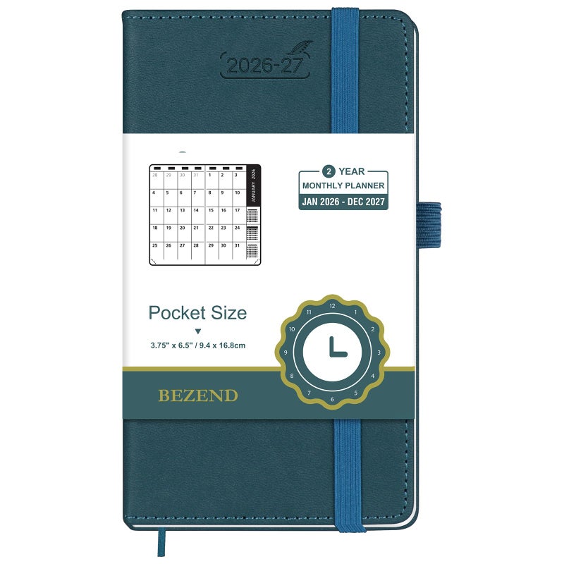 BEZEND Pocket Monthly Planner 2026-2027 (3.5" x 6.5") 2 Year Calendar Book for Purse with Note Pages, 100 GSM Paper, Inner Pocket, Pen Holder, Vegan Leather Hardcover in Dark Green - Image 1