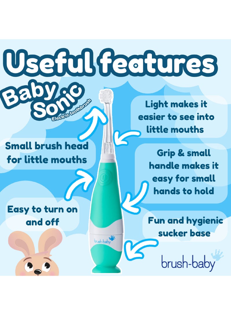 برش بيبي فرشاة أسنان كهربائية للأطفال بيبي سونيك باللون الأزرق الفيروزي – إضاءة LED، رأسين للفرشاة، شعيرات ناعمة، مؤقت دقيقتين - Image 2