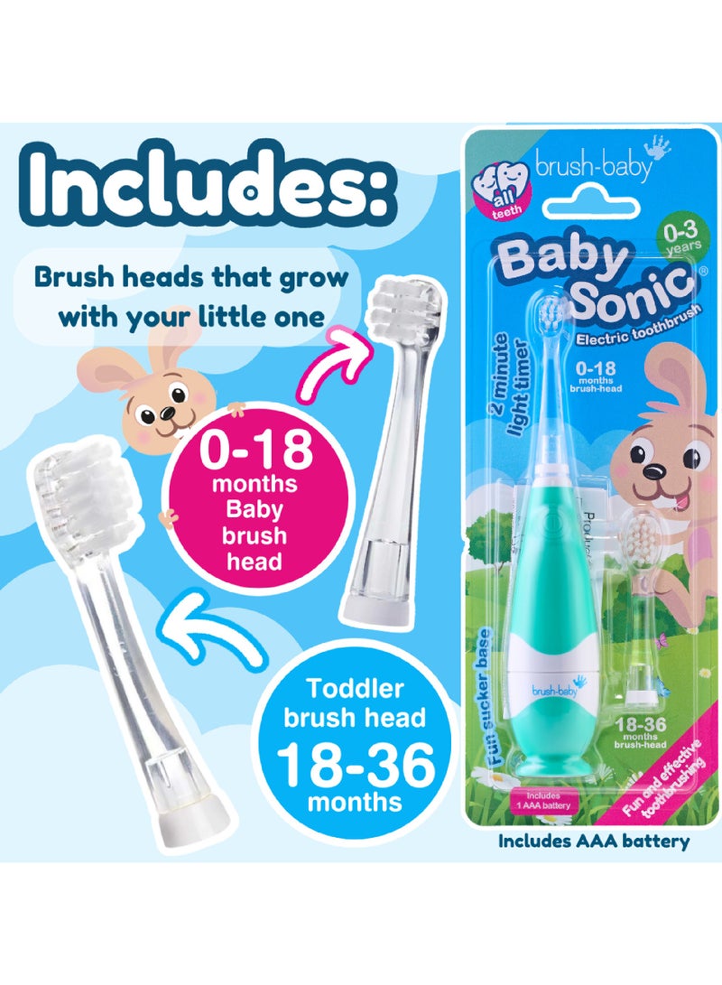 برش بيبي فرشاة أسنان كهربائية للأطفال بيبي سونيك باللون الأزرق الفيروزي – إضاءة LED، رأسين للفرشاة، شعيرات ناعمة، مؤقت دقيقتين - Image 3