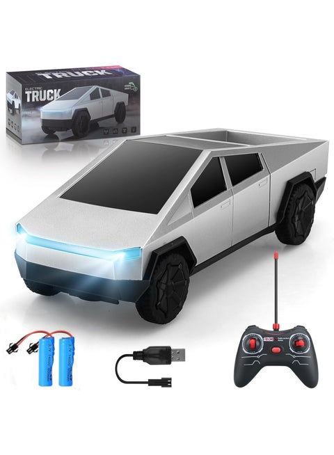 Remote Control Truck, 2.4GHz 4WD RC Cars, 1:24 Scale Cybertruck, All Terrain Electric Vehicle Truck with 2 Batteries and Light Effects, Birthday Toys for Kids