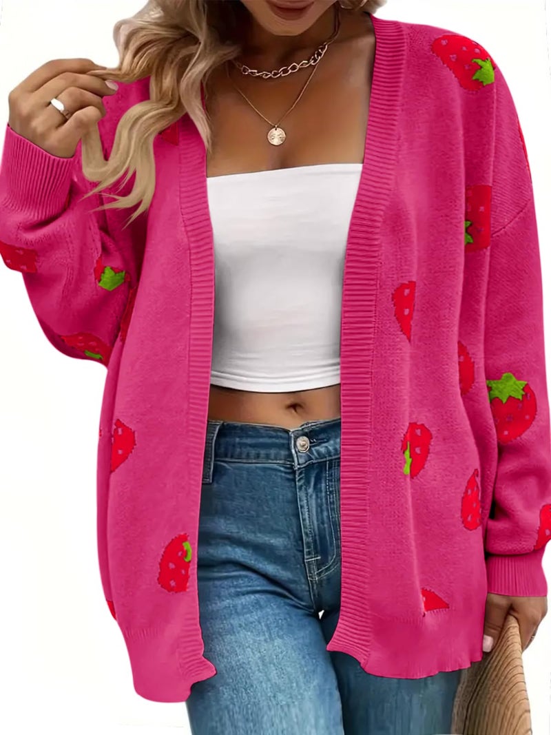 SECRETEYARD Women's Plus Size Strawberry Floral Print Long Sleeve Open Front Knit Cardigan Sweater (US, Alpha, 3X-Large, Regular, Regular, Rose Red) - Image 2