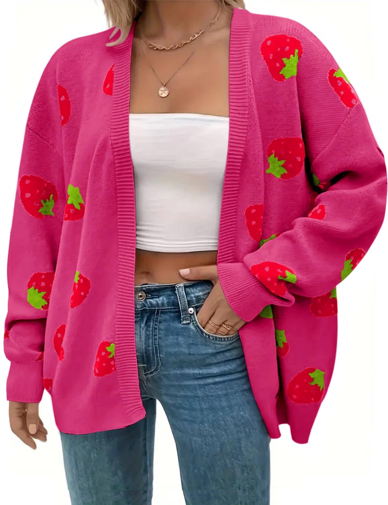 SECRETEYARD Women's Plus Size Strawberry Floral Print Long Sleeve Open Front Knit Cardigan Sweater (US, Alpha, 3X-Large, Regular, Regular, Rose Red) - Image 1