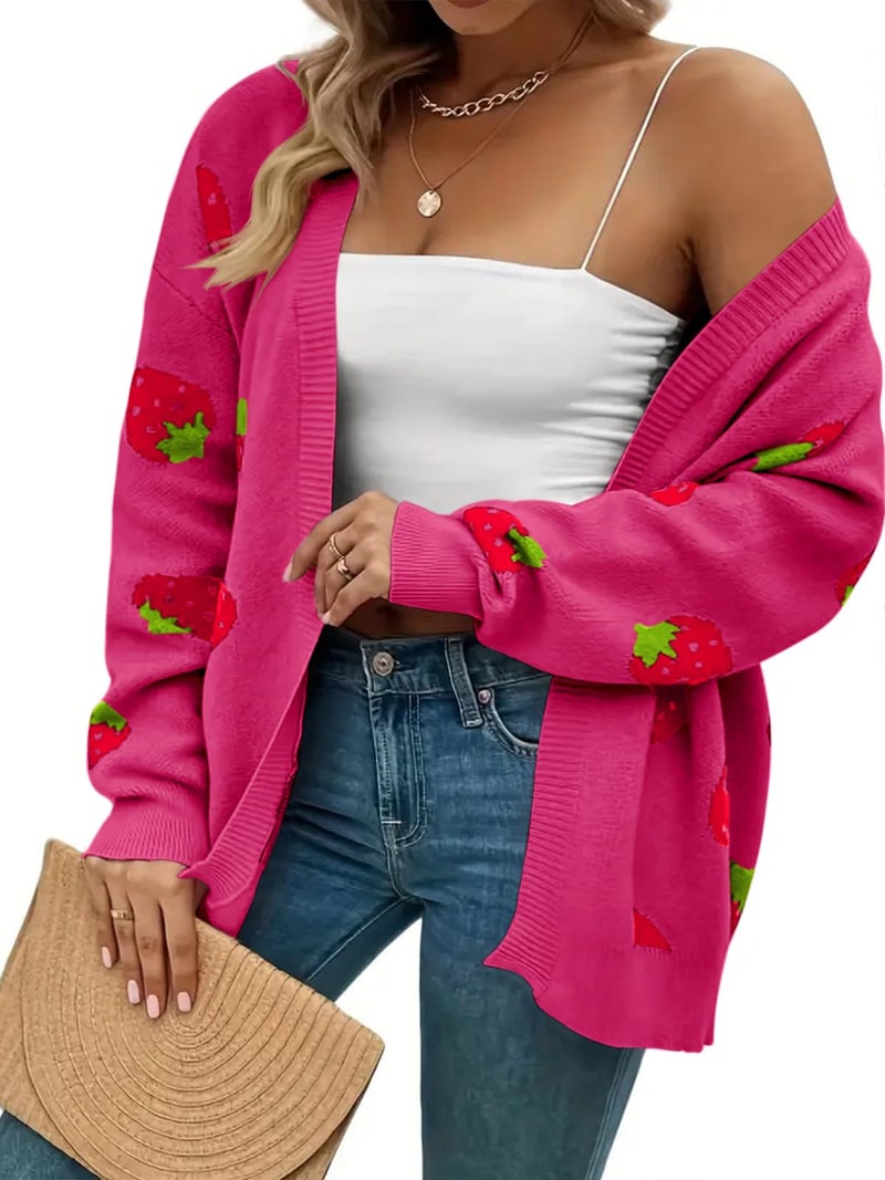 SECRETEYARD Women's Plus Size Strawberry Floral Print Long Sleeve Open Front Knit Cardigan Sweater (US, Alpha, 3X-Large, Regular, Regular, Rose Red) - Image 4