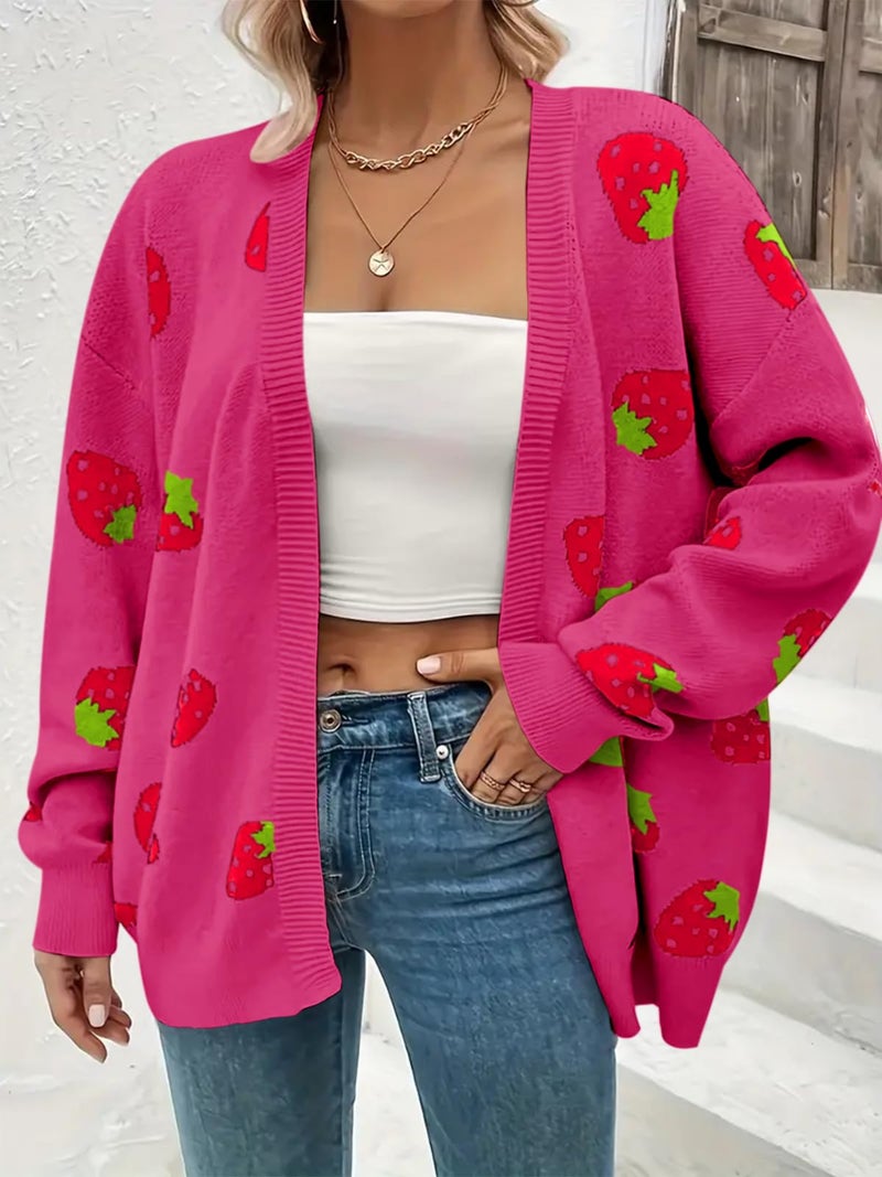 SECRETEYARD Women's Plus Size Strawberry Floral Print Long Sleeve Open Front Knit Cardigan Sweater (US, Alpha, 3X-Large, Regular, Regular, Rose Red) - Image 3