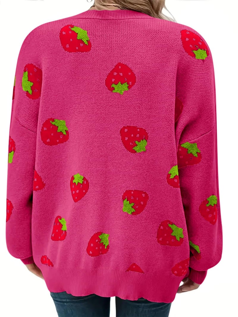 SECRETEYARD Women's Plus Size Strawberry Floral Print Long Sleeve Open Front Knit Cardigan Sweater (US, Alpha, 3X-Large, Regular, Regular, Rose Red) - Image 5