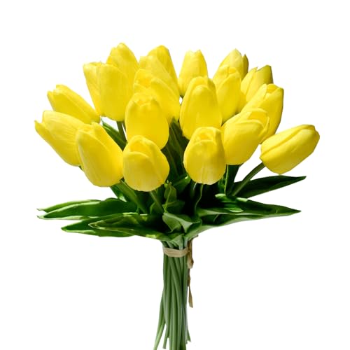 Mandy's Artificial Tulips 20 Stems Yellow PU Faux Flowers for Wedding Home Decor 13.5 Inch - Image 1