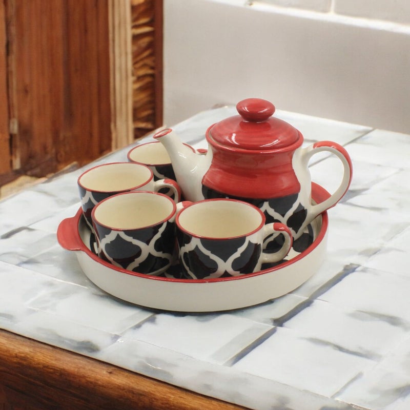 The Pottery Muse Ceramic Kettle Set with 4 Cups - Red and Black, Kettle with 600 ML and Cups with 150 ML Capacity,Best for Family Gatherings, for Gifitng to Your Family, Friends, and Colleagues - Image 2