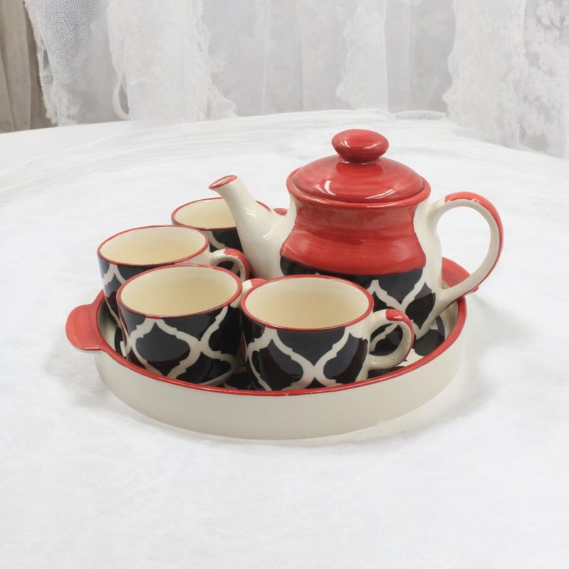 The Pottery Muse Ceramic Kettle Set with 4 Cups - Red and Black, Kettle with 600 ML and Cups with 150 ML Capacity,Best for Family Gatherings, for Gifitng to Your Family, Friends, and Colleagues - Image 1