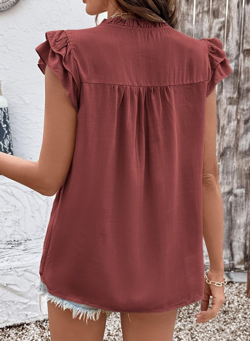 Dokotoo Boho Tops for Women Red Blouse V Neck Ruffle Cap Sleeve Flowy Shirts Dressy Casual Cute Summer Tops Fashion Pleated Lace Embroidery Business Work Elegant Shirt X-Large - Image 2
