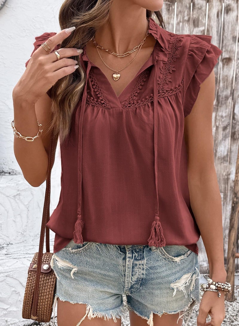 Dokotoo Boho Tops for Women Red Blouse V Neck Ruffle Cap Sleeve Flowy Shirts Dressy Casual Cute Summer Tops Fashion Pleated Lace Embroidery Business Work Elegant Shirt X-Large - Image 3