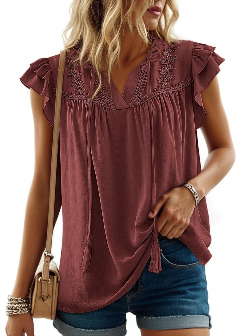 Dokotoo Boho Tops for Women Red Blouse V Neck Ruffle Cap Sleeve Flowy Shirts Dressy Casual Cute Summer Tops Fashion Pleated Lace Embroidery Business Work Elegant Shirt X-Large - Image 5