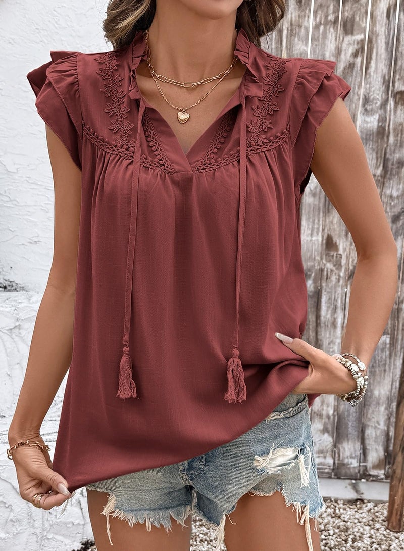 Dokotoo Boho Tops for Women Red Blouse V Neck Ruffle Cap Sleeve Flowy Shirts Dressy Casual Cute Summer Tops Fashion Pleated Lace Embroidery Business Work Elegant Shirt X-Large - Image 4
