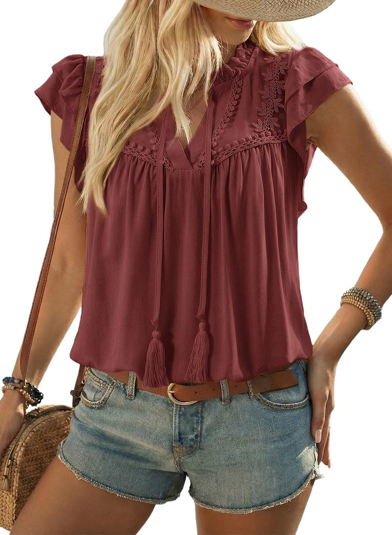Dokotoo Boho Tops for Women Red Blouse V Neck Ruffle Cap Sleeve Flowy Shirts Dressy Casual Cute Summer Tops Fashion Pleated Lace Embroidery Business Work Elegant Shirt X-Large - Image 1