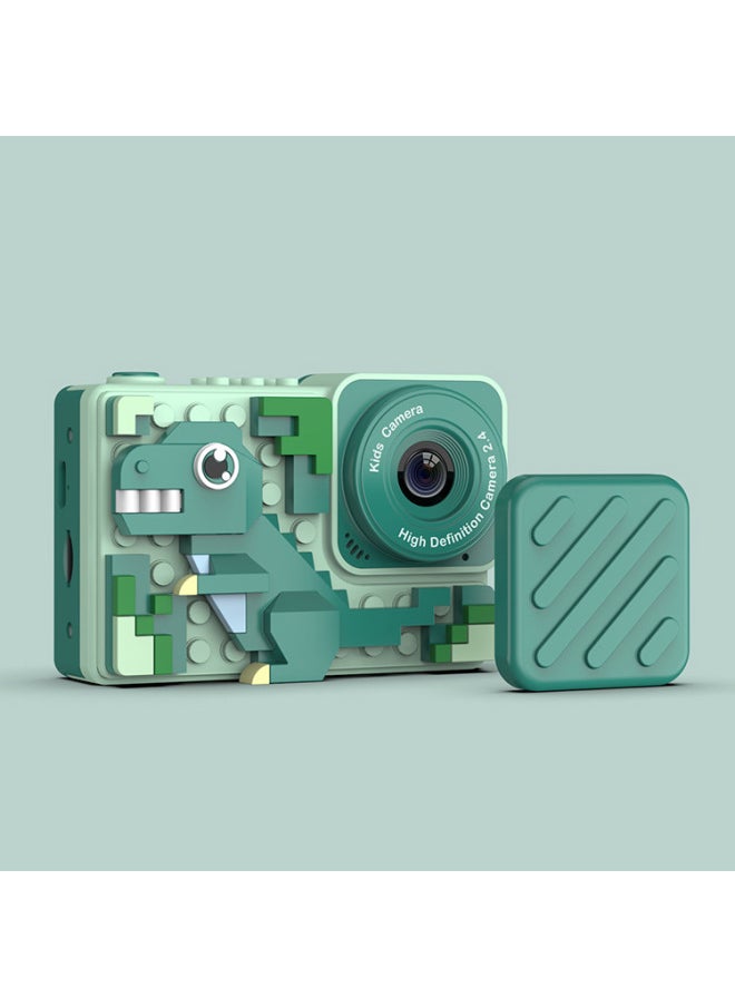 Generic H9 Children's Camera Step Into High-definition Dual-camera Digital Camera Creative Building Blocks Puzzle Toy Camera-Body Color:Green Dinosaur  - Image 1