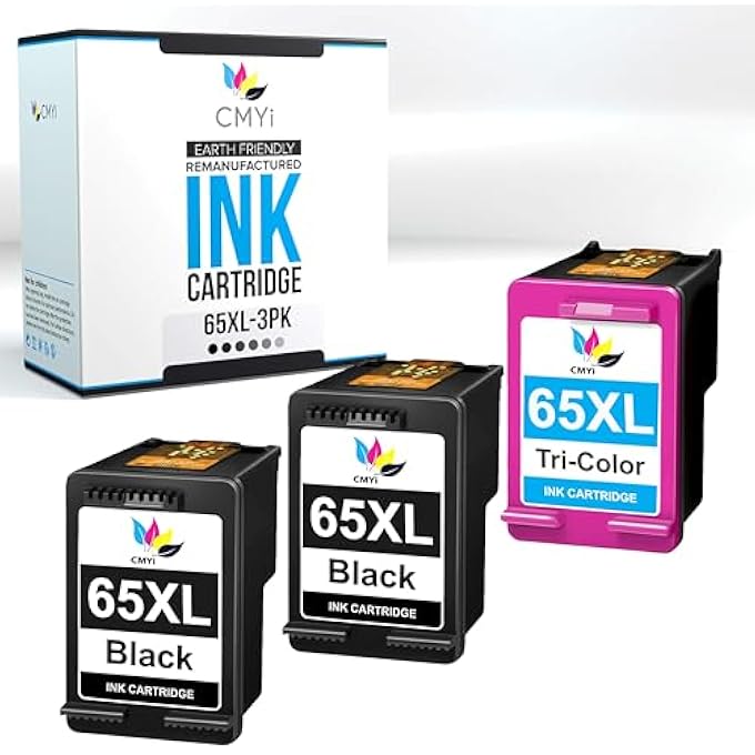 65XL REPLACEMENT COMBO PACK INK CARTRIDGES FOR HP DESKJET 2655, 2670, 2680, 3720, 3722, 3730, 3732, 3733, 3735, 3750, ENVY 5010, 5012, 5014, 5020, 5030, 5032, 5034, 5052, 5055 (2 BLACK, 1 COLOR) - Image 1