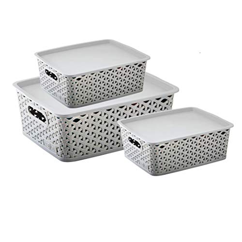 Nabhya Multipurpose Storage Baskets with Lid Set of 3 - BPA Free | Break Resistant Organizer Basket for Kitchen, clothes, Vegetables, Books, Office, Stationery, Cosmetics, Wardrobe (Grey) - Image 1