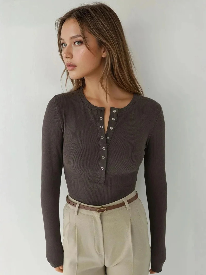 HICCUP Ribbed Snap Button Knitted Top