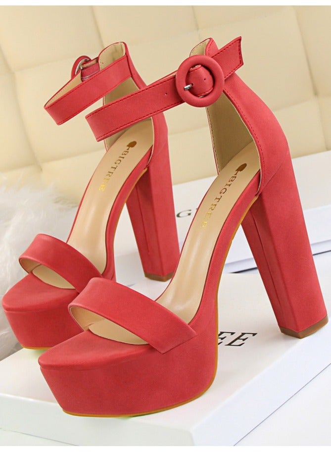 بيج تري Women's Thick Heeled High Heels With Waterproof Platform Open Toe Chunky Heel Sandals Shoes With Adjustable Buckle Red - Image 1