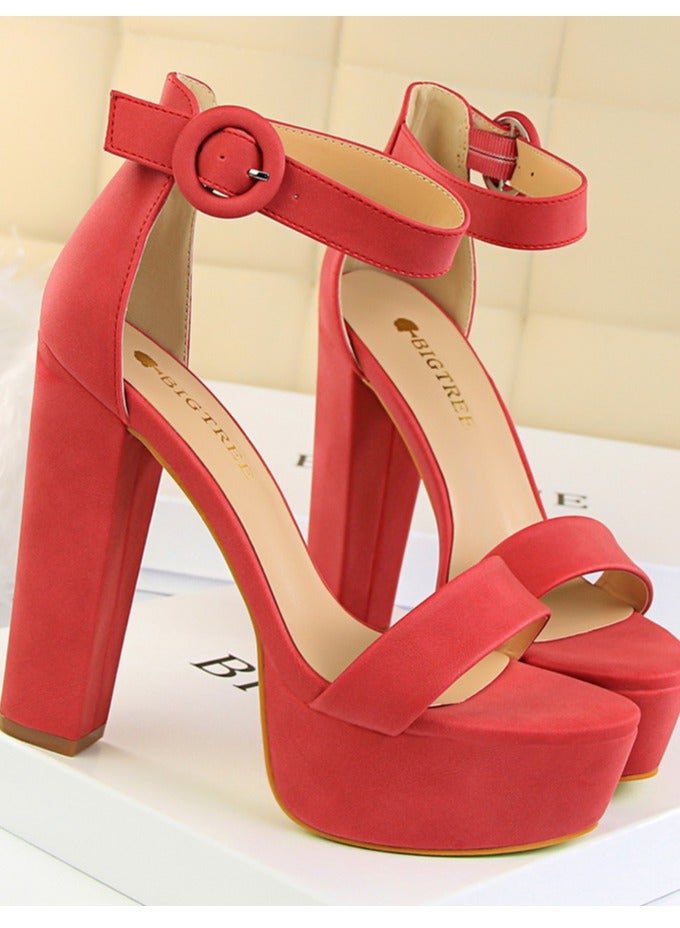 بيج تري Women's Thick Heeled High Heels With Waterproof Platform Open Toe Chunky Heel Sandals Shoes With Adjustable Buckle Red - Image 2