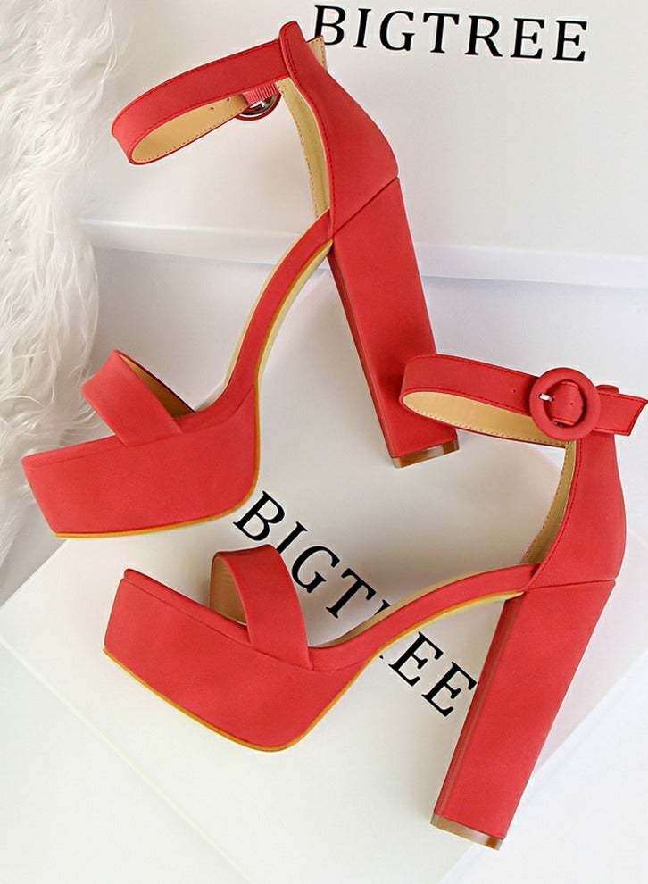 بيج تري Women's Thick Heeled High Heels With Waterproof Platform Open Toe Chunky Heel Sandals Shoes With Adjustable Buckle Red - Image 3