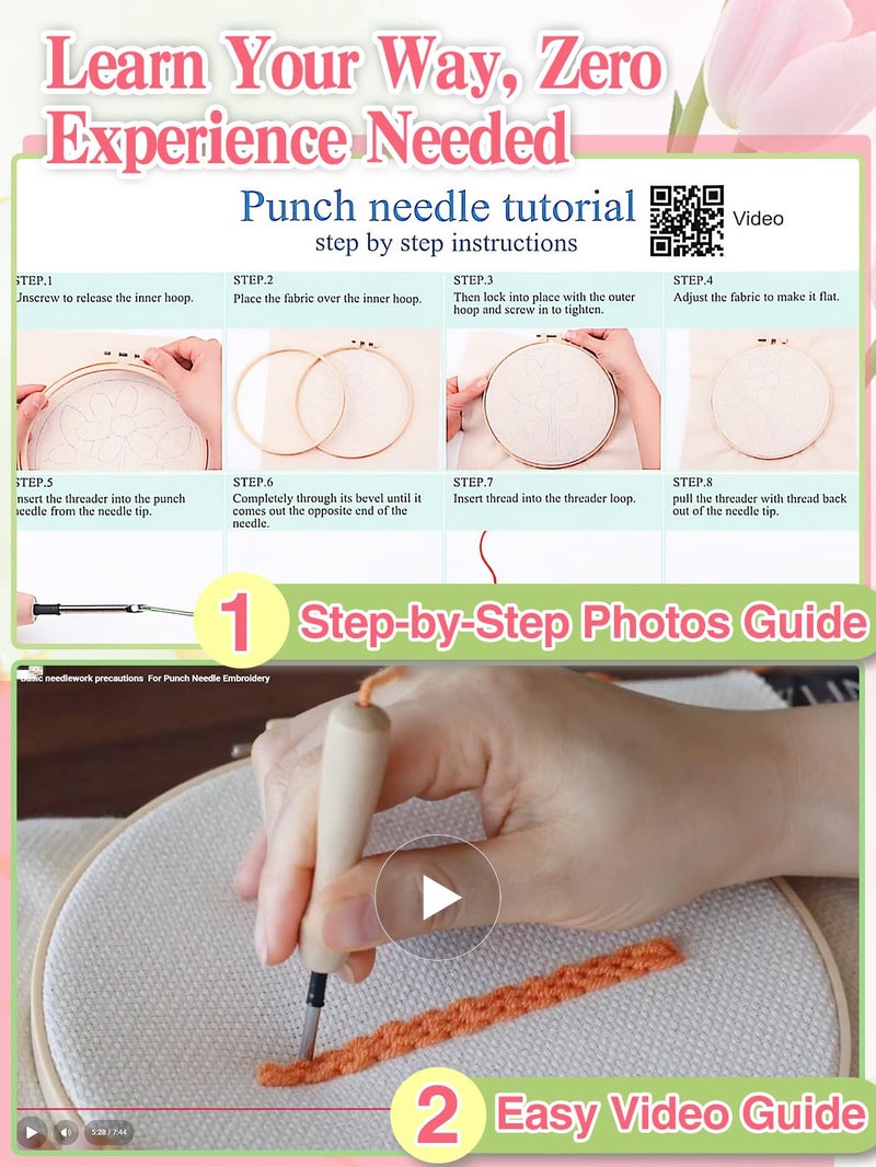 Biubee Punch Needle Kit Adults Beginner- Step-by-Step Guide & Video, Including Punch Needle Fabric with Pattern/Hoop/Needle/Yarns, Spring Embroidery Craft Kits, Easy Hobby Gifts for Women, Tulip - Image 5