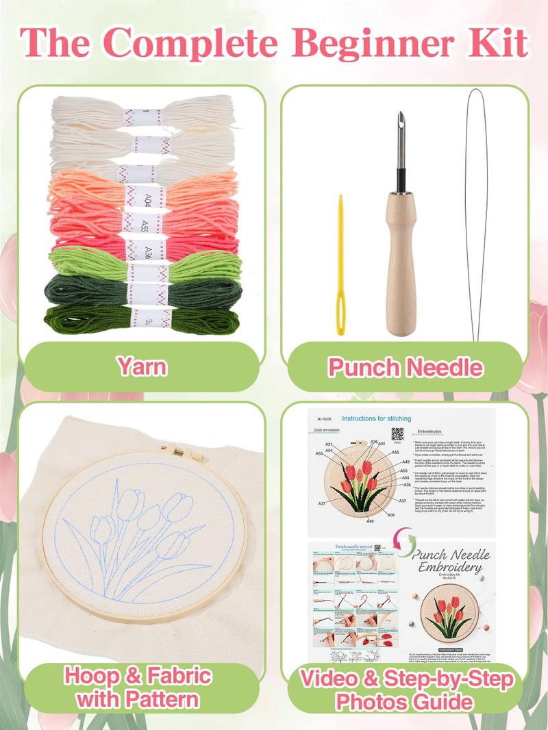 Biubee Punch Needle Kit Adults Beginner- Step-by-Step Guide & Video, Including Punch Needle Fabric with Pattern/Hoop/Needle/Yarns, Spring Embroidery Craft Kits, Easy Hobby Gifts for Women, Tulip - Image 2