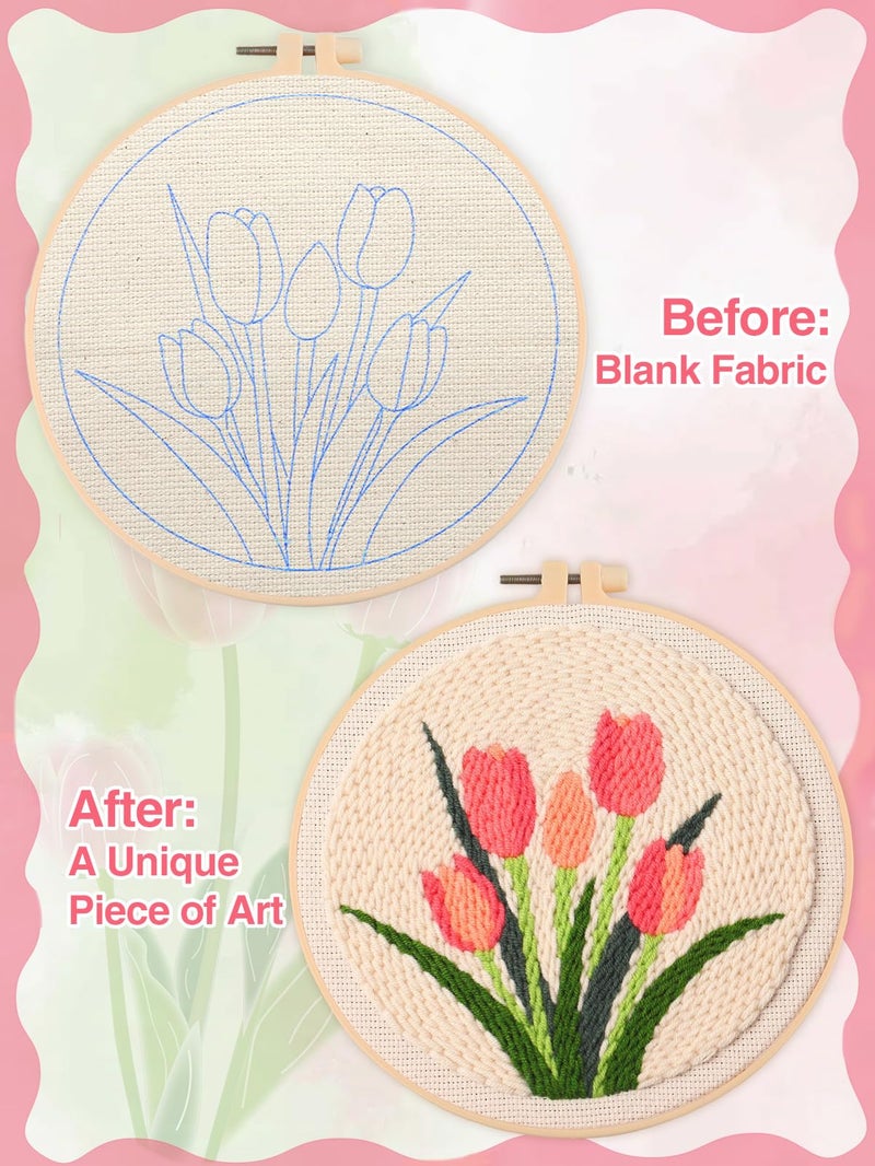 Biubee Punch Needle Kit Adults Beginner- Step-by-Step Guide & Video, Including Punch Needle Fabric with Pattern/Hoop/Needle/Yarns, Spring Embroidery Craft Kits, Easy Hobby Gifts for Women, Tulip - Image 4
