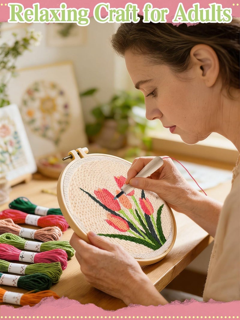 Biubee Punch Needle Kit Adults Beginner- Step-by-Step Guide & Video, Including Punch Needle Fabric with Pattern/Hoop/Needle/Yarns, Spring Embroidery Craft Kits, Easy Hobby Gifts for Women, Tulip - Image 3