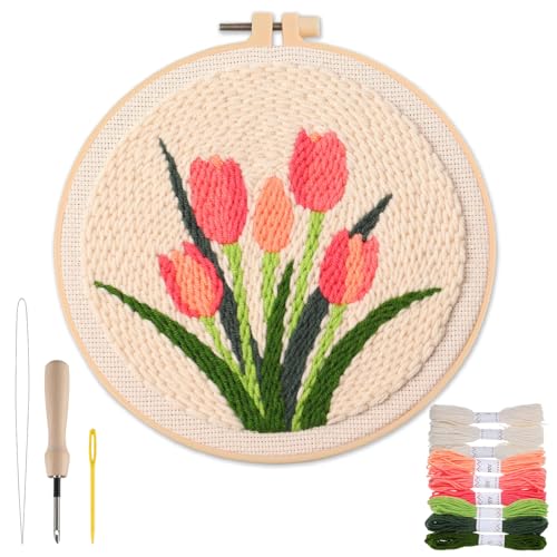 Biubee Punch Needle Kit Adults Beginner- Step-by-Step Guide & Video, Including Punch Needle Fabric with Pattern/Hoop/Needle/Yarns, Spring Embroidery Craft Kits, Easy Hobby Gifts for Women, Tulip - Image 1